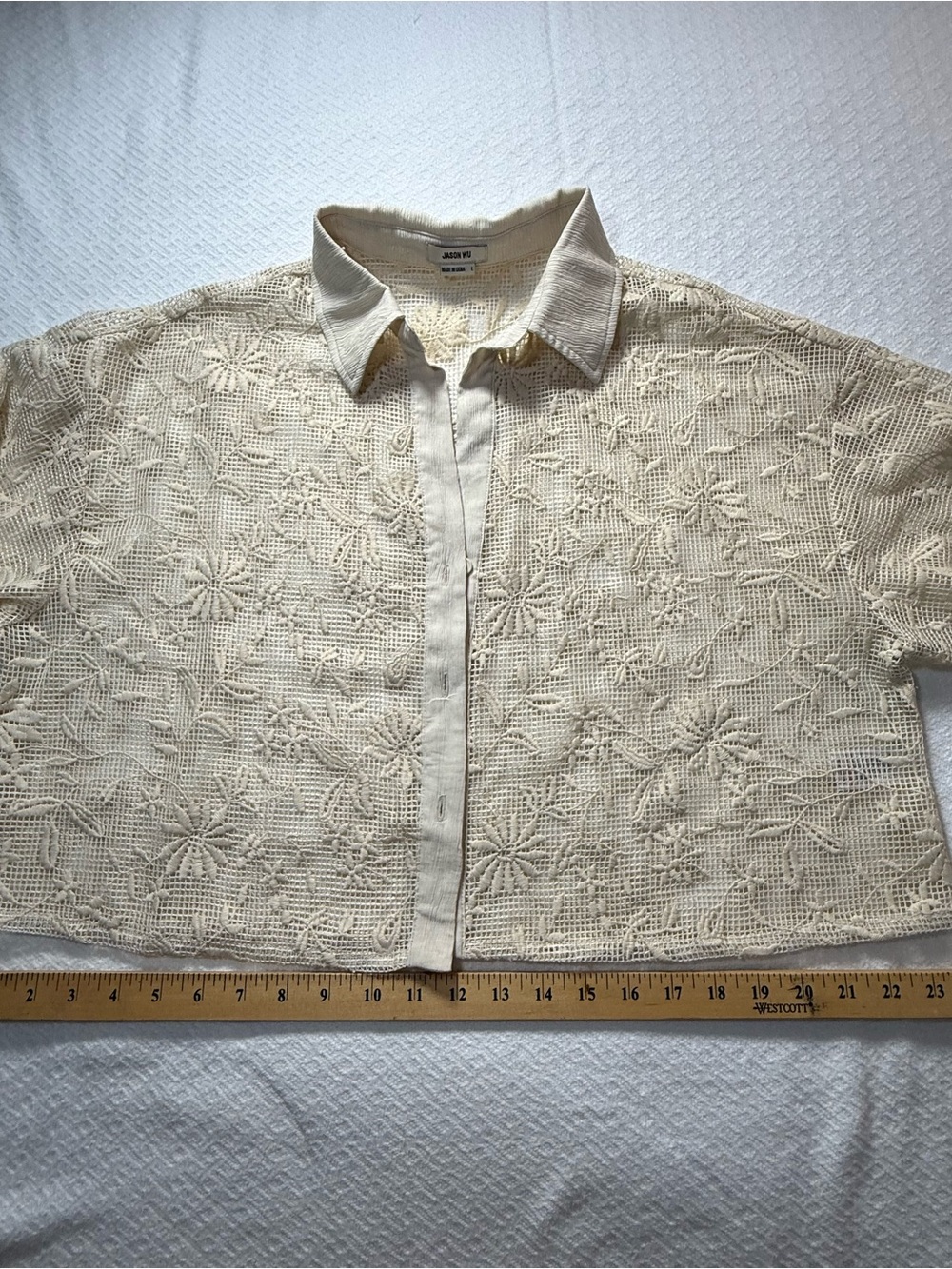 Jason Wu Ivory Floral Embroidered Lace Cropped Button Front Blouse L - Picture 8 of 10